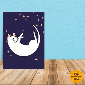 White Cat and Stars Wall Art – Playful Cartoon Cat in Starry Night Sky – Whimsical Pet Illustration – Digital Printable Download