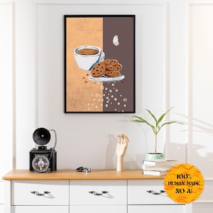Könnte beinhalten: Eine digitale Illustration einer weißen Kaffeetasse mit braunem Kaffee und einem Teller mit Schokoladenkekse. Der Hintergrund ist eine geteilte Farbe aus Orange und Braun.