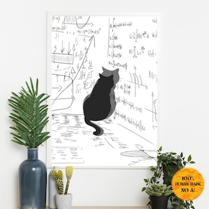 Könnte beinhalten: Eine Schwarzweißillustration von zwei Katzen, die vor einer mit handgeschriebenen mathematischen Gleichungen bedeckten weißen Tafel sitzen. Die Katzen schauen sich an. Der Text auf der Tafel enthält die Gleichung "A=B" und "9L-24".