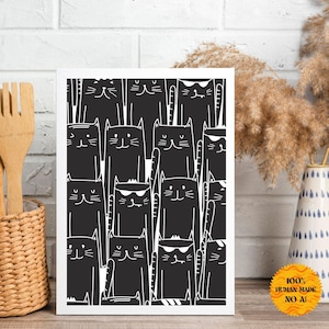 Black Cat Pattern Wall Art – Minimalist Cartoon Cats on White Background – Modern Graphic Animal Print – Digital Download Poster