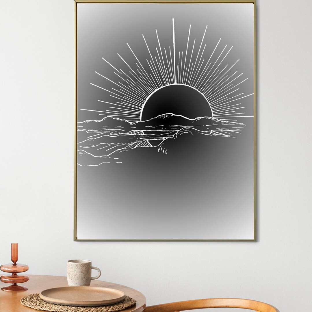 Minimalist Sunrise Mountain Print – Monochrome Landscape Wall Art ...