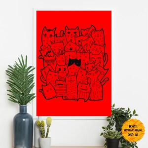 Red Cartoon Cat Doodle Wall Art – Fun Black Cat Faces on Bold Background – Quirky Line Drawing Printable – Instant Digital Download