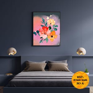 Könnte beinhalten: Ein Aquarellbild eines Blumenstraußes in Rosa-, Orange- und Gelbtönen. Die Blumen sind in einem lockeren, natürlichen Stil angeordnet, und der Hintergrund ist ein weicher Farbverlauf von Rosa und Lila.