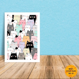 Könnte beinhalten: Ein digitaler Druck mit einem farbenfrohen Muster aus Comic-Katzen mit verschiedenen Gesichtsausdrücken. Die Katzen sind in einem Raster angeordnet und alle nach vorne gerichtet. Der Hintergrund ist weiß.