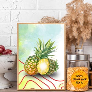 Könnte beinhalten: Ein Aquarellbild von zwei Ananas auf einem Hintergrund aus roten und gelben Wellenlinien. Die Ananas sind grün und gelb, wobei eine Ananas halbiert ist, um das Innere zu zeigen.