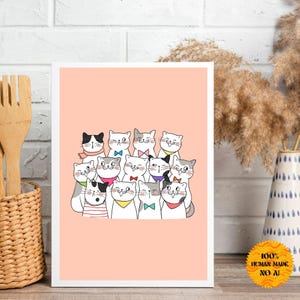 Cute Cat Crew Wall Art Printable – 12 Cartoon Cats with Bandanas and Bow Ties – Pastel Peach Background – Digital Download Poster