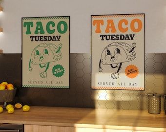 May include: Two retro-style posters with the text "Taco Tuesday" in green and orange letters. Each poster features a cartoon taco with a smiling face and the text "Best in Town".