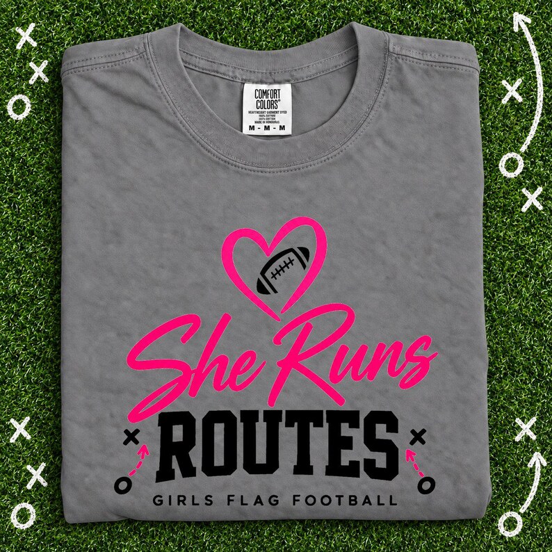 She Runs Routes Girls Flag Football Shirt, Pink Heart Football Graphic Tee for Football Mom, Player, Youth and Women Game Day Gift image 2