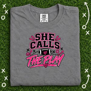 She Calls The Play Girls Flag Football Shirt, Pink Football Graphic Tee for Women and Youth, Game Day Gift for Sports Moms and Players image 2