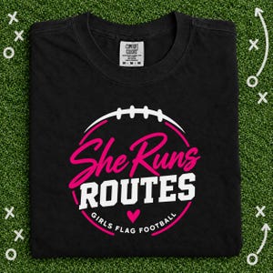 She Runs Routes Girls Flag Football Shirt, Pink Football Graphic Tee for Women and Youth, Sports Mom and Player Game Day Gift image 3