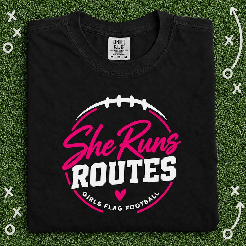She Runs Routes Girls Flag Football Shirt, Pink Football Graphic Tee for Women and Youth, Sports Mom and Player Game Day Gift image 3
