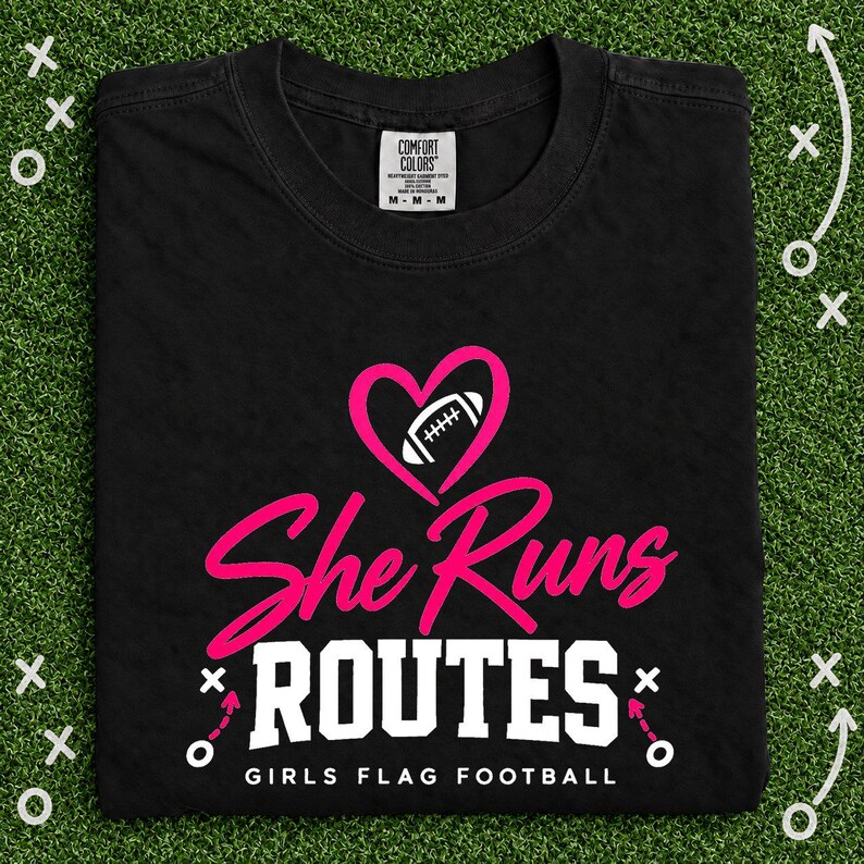 She Runs Routes Girls Flag Football Shirt, Pink Heart Football Graphic Tee for Football Mom, Player, Youth and Women Game Day Gift image 3