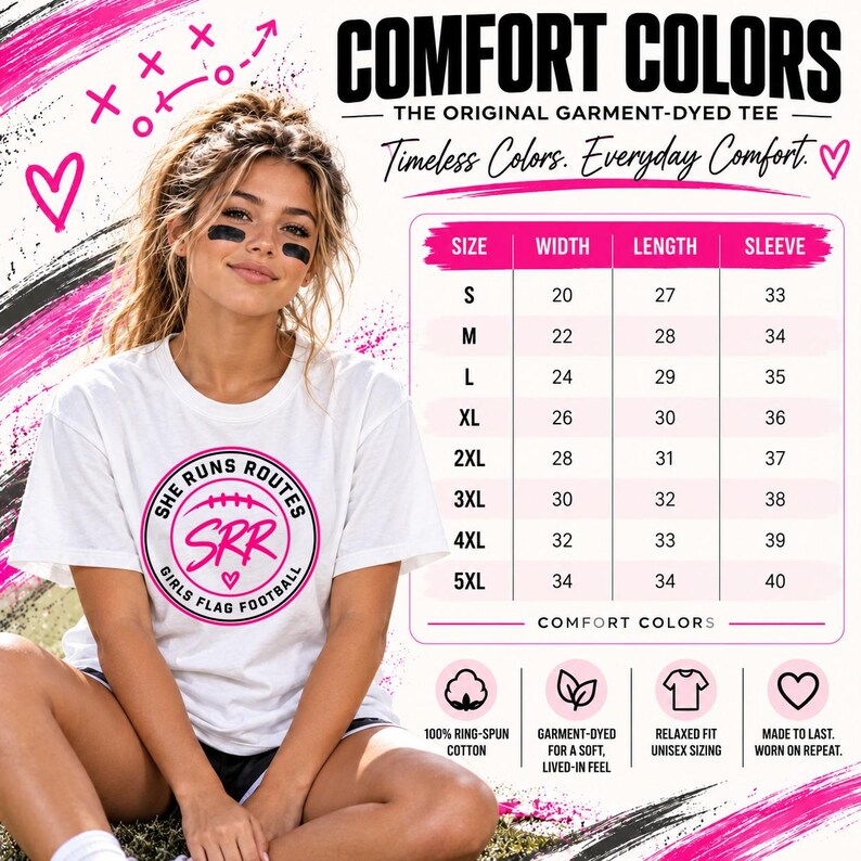 Camiseta de fútbol americano de bandera para niñas "She Runs Routes", camiseta Comfort Colors con diseño de insignia SRR, regalo para mamás deportistas y atletas, ropa para el día del partido. imagen 6