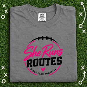 She Runs Routes Girls Flag Football Shirt, Pink Football Graphic Tee for Women and Youth, Sports Mom and Player Game Day Gift image 2
