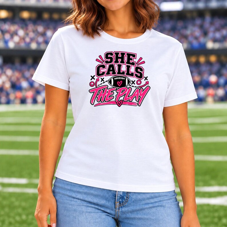 She Calls The Play Girls Flag Football Shirt, Pink Football Graphic Tee for Women and Youth, Game Day Gift for Sports Moms and Players image 4