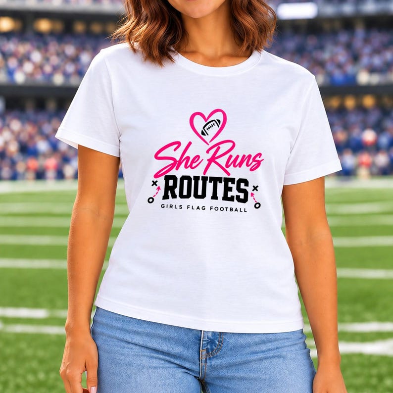 She Runs Routes Girls Flag Football Shirt, Pink Heart Football Graphic Tee for Football Mom, Player, Youth and Women Game Day Gift image 4