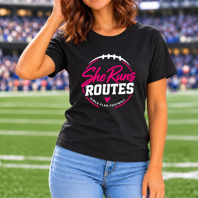 She Runs Routes Girls Flag Football Shirt, Pink Football Graphic Tee for Women and Youth, Sports Mom and Player Game Day Gift image 6