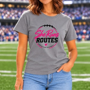 She Runs Routes Girls Flag Football Shirt, Pink Football Graphic Tee for Women and Youth, Sports Mom and Player Game Day Gift image 5