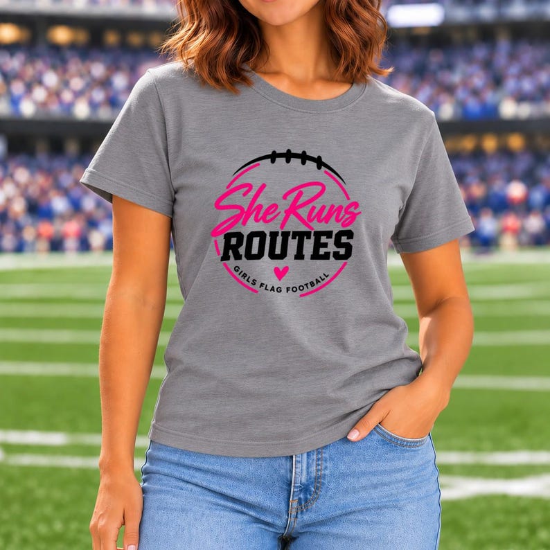 She Runs Routes Girls Flag Football Shirt, Pink Football Graphic Tee for Women and Youth, Sports Mom and Player Game Day Gift image 5
