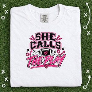 She Calls The Play Girls Flag Football Shirt, Pink Football Graphic Tee for Women and Youth, Game Day Gift for Sports Moms and Players image 1