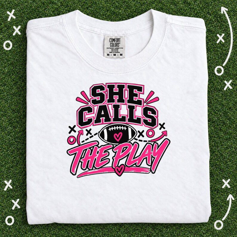 She Calls The Play Girls Flag Football Shirt, Pink Football Graphic Tee for Women and Youth, Game Day Gift for Sports Moms and Players image 1
