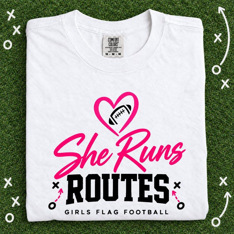 She Runs Routes Girls Flag Football Shirt, Pink Heart Football Graphic Tee for Football Mom, Player, Youth and Women Game Day Gift image 1