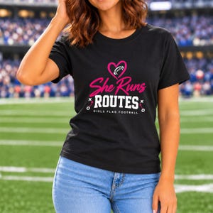 She Runs Routes Girls Flag Football Shirt, Pink Heart Football Graphic Tee for Football Mom, Player, Youth and Women Game Day Gift image 6