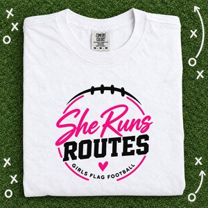 She Runs Routes Girls Flag Football Shirt, Pink Football Graphic Tee for Women and Youth, Sports Mom and Player Game Day Gift image 1