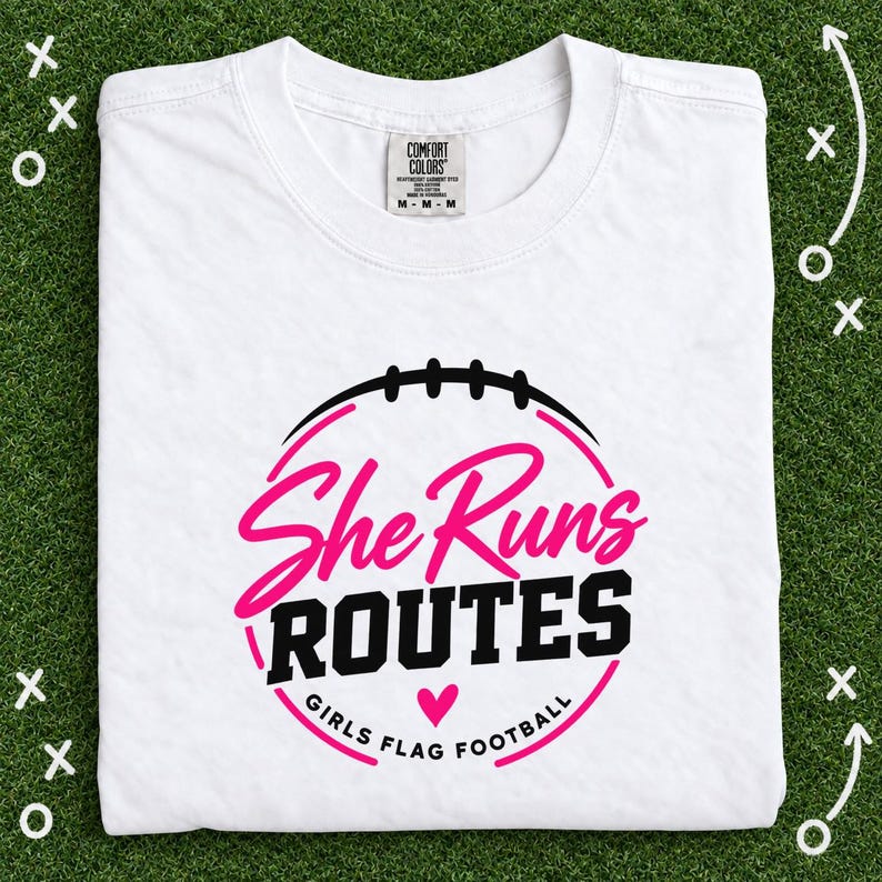 She Runs Routes Girls Flag Football Shirt, Pink Football Graphic Tee for Women and Youth, Sports Mom and Player Game Day Gift image 1