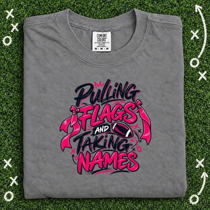 Pulling Flags and Taking Names Girls Flag Football Shirt, Pink Graphic Tee for Flag Football Players, Moms, Teams and Game Day Gift image 2