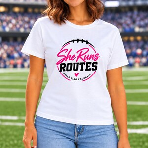 She Runs Routes Girls Flag Football Shirt, Pink Football Graphic Tee for Women and Youth, Sports Mom and Player Game Day Gift image 4