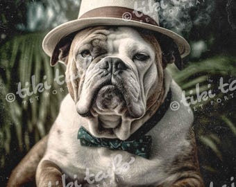 May include: A distinguished bulldog portrait. The dog wears a fedora hat, a patterned bow tie, and holds a cigar. Smoke curls from the cigar. The image has the text "tiki tails PET PORTRAITS" in the corners.