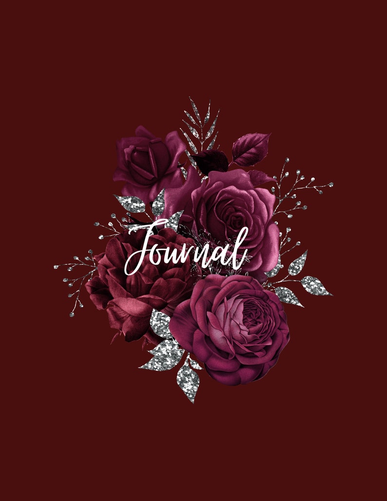 Peut inclure: Couverture de journal bordeaux avec un motif floral. La couverture pr&eacute;sente un bouquet de roses rouge fonc&eacute; et des accents de paillettes argent&eacute;es. Le mot "Journal" est &eacute;crit en cursive sur les fleurs.