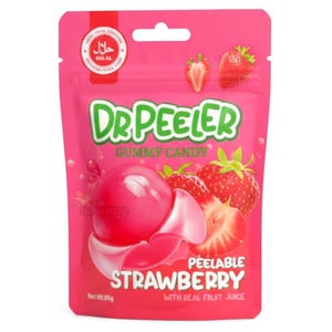 May include: Pink packet of Dr. Peeler gummy candy. The packet features the words "Dr. Peeler" in green, "Gummy Candy", and "Strawberry" in white. The packet also shows images of strawberries and a peeled gummy candy. The packet has a Halal symbol.