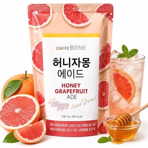 May include: A 190 ml pouch of Caffe Bene Honey Grapefruit Ade featuring a light pink background with grapefruit slice illustrations. The label displays the text Caffe Bene, Honey Grapefruit Ade, and Iced Drink, alongside a glass of iced grapefruit drink.