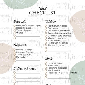 Travel packing list- essential list with blank spaces for additional items!