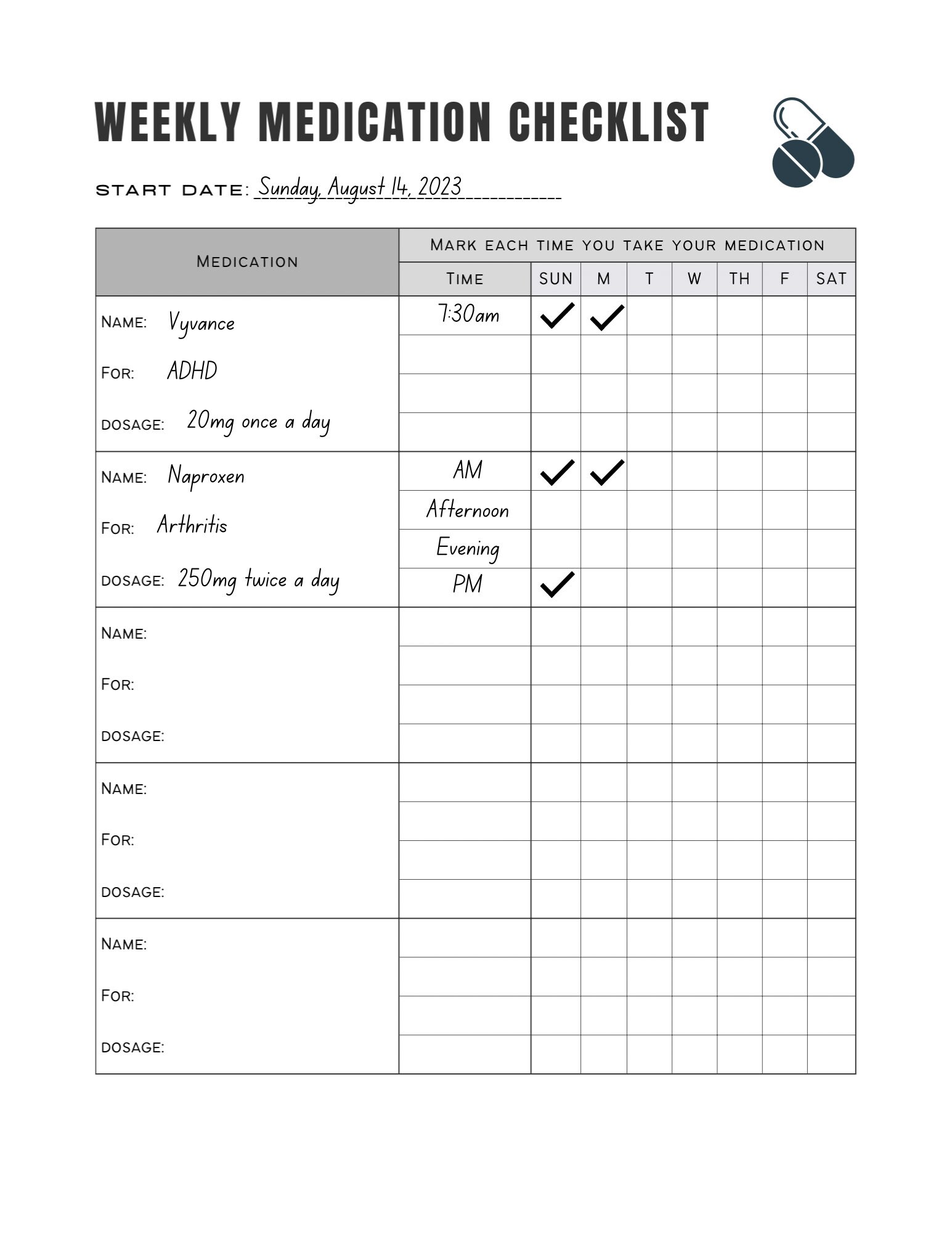 Weekly Medication Checklist- Blank Printable Template to Track up to 5 ...