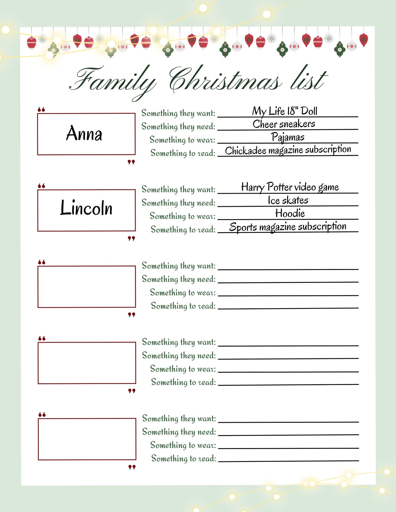 Family Christmas List Something They Want, Something They Need