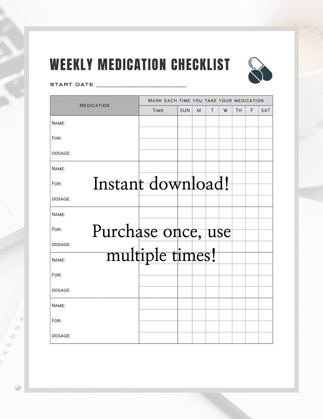 Weekly Medication Checklist- Blank Printable Template to Track up to 5 ...