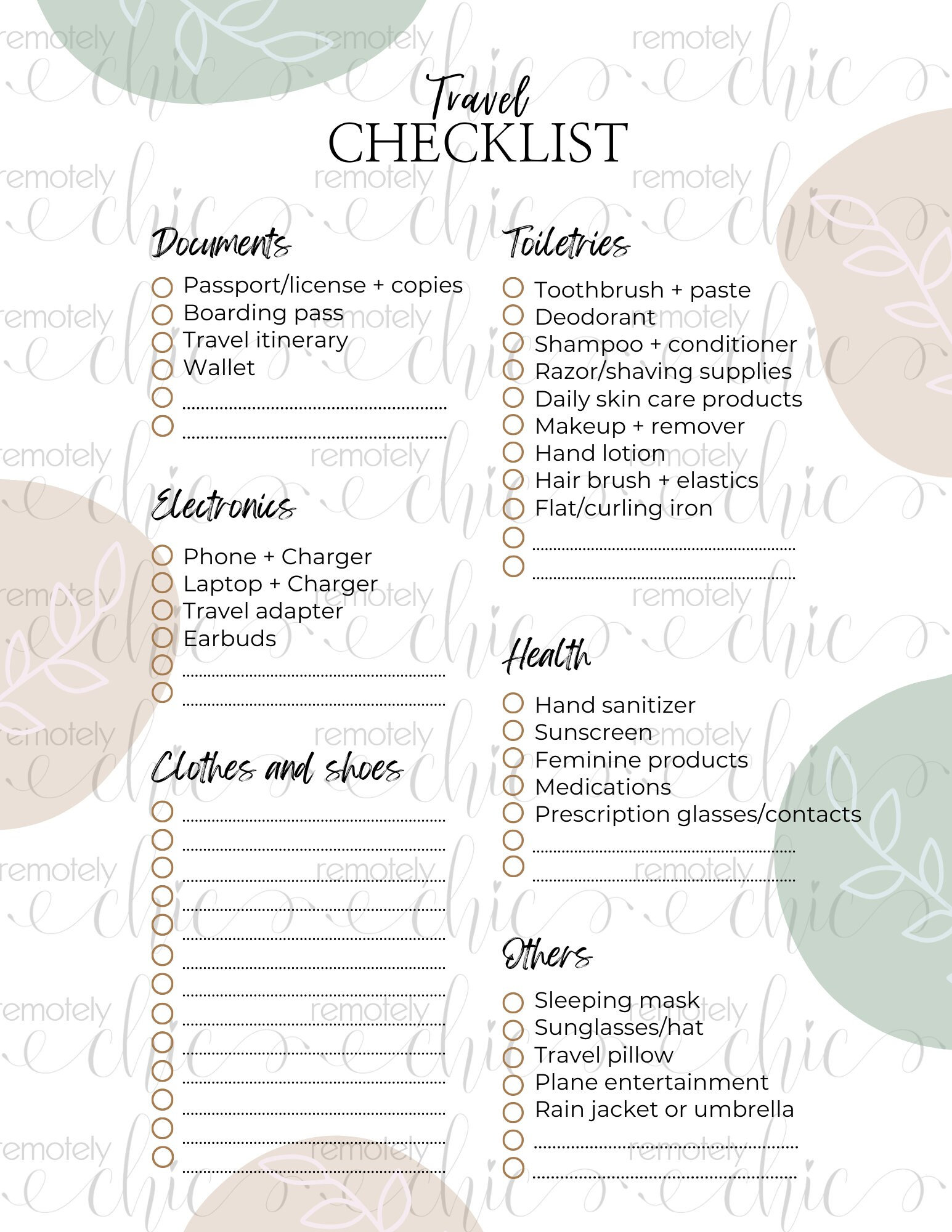Travel Packing List Essential List With Blank Spaces for Additional ...