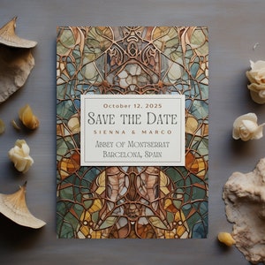 Spaanse huwelijksuitnodiging, Barcelona Wedding Save the Date-sjabloon, Gaudi-ontwerp