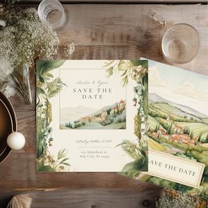 Tuscany Wedding or Save the Date Invitation, Watercolor Invite of Tuscany, Italy: Includes Back