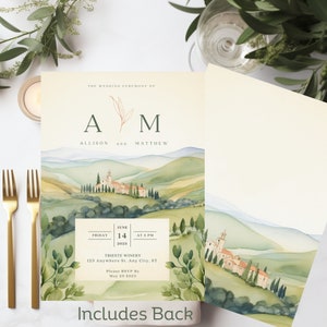 Puede incluir: Una invitación de boda con una ilustración de acuarela de un paisaje toscano. La invitación presenta los nombres de la pareja, "Allison y Matthew", y la fecha de la boda, "14 de junio de 2025". La invitación también incluye la ubicación de la boda, "Trieste Winery", y la dirección, "123 Anywhere St., Any City, ST".