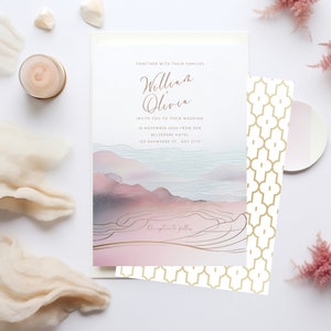 Destination Wedding Invitation or Beach Wedding, Pastel Invitation, Glam Gold Accents, Original Art with Back