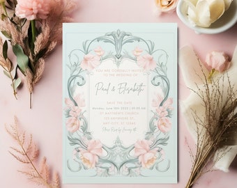 Baroque Rococo Vintage Wedding Invitation Template | Pastel Pink and Green Florals | Elegant Italian Wedding