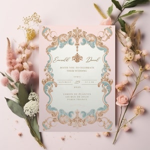 Barocke Hochzeitseinladungsvorlage: Zauberhaftes Gold, Staubblau und Blush Rosa für Italienische Hochzeit oder Bridal Shower