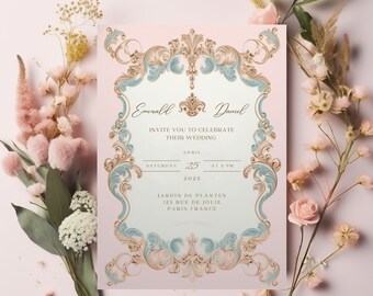 Baroque Wedding Invitation Template: Gold, Blue & Pink (PDF)