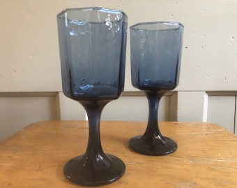 Vintage Pair of Libbey Glass “Facets” Smoky Blue Textured Wine Glasses