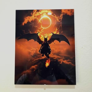 May include: A silhouette of a red dragon with wings spread wide against a fiery orange and yellow sky with a dark ring around the sun.