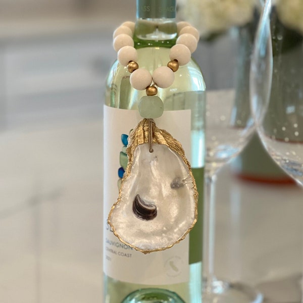 Oyster Shell Bottle Charm, ornament,  Napkin Ring, Costal Home Decor, Hostess Gift, Party/Shower Favor